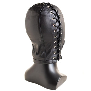 The Open Mouth Leather Bondage Hood is displayed on a mannequin and shown from the side against a blank background.