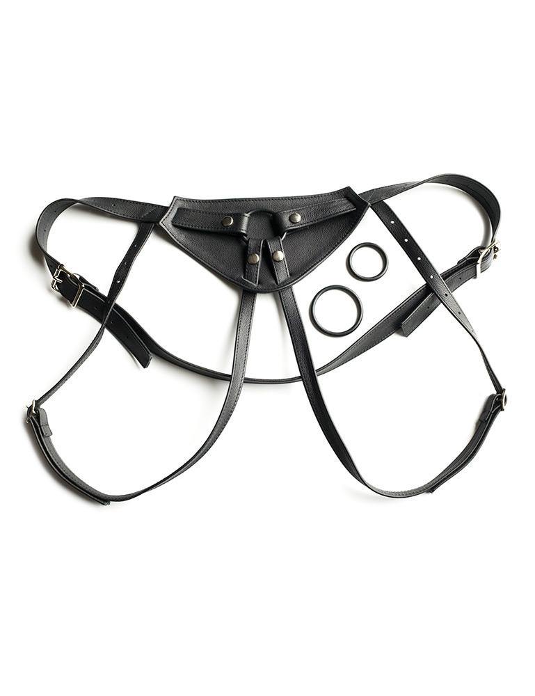The Full Curves Leather Strap-on Harness in black is displayed against a blank background. 