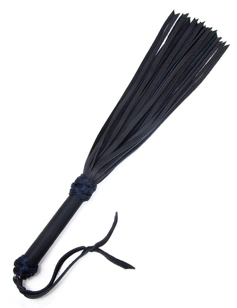 The black/black 30-inch Buffalo Hide Flogger is displayed against a blank background. The flogger has black leather falls, and the handle is wrapped in black nylon with knots at the top and bottom and a black leather wrist loop at the base of the handle.