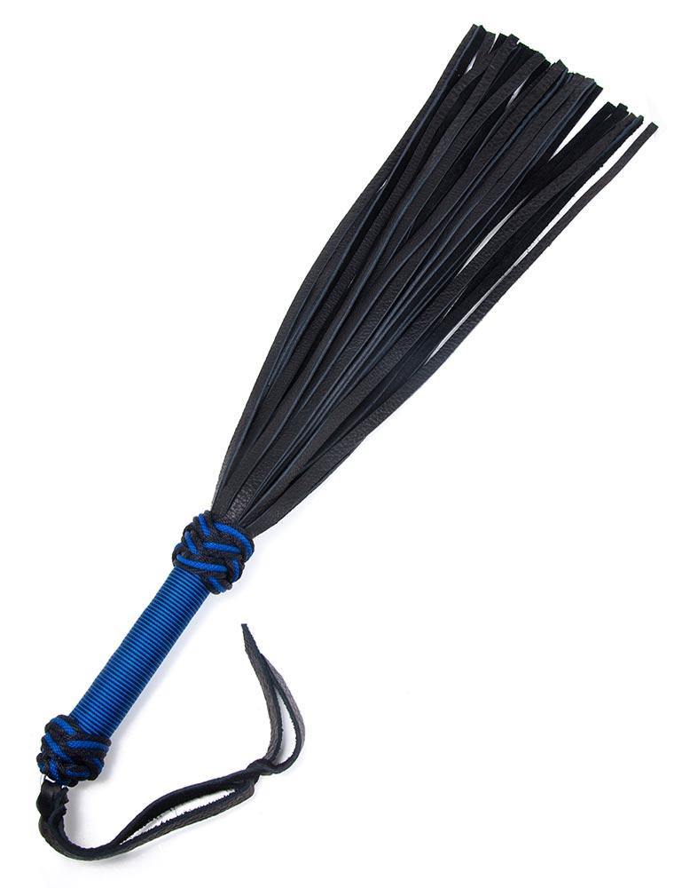 The black/blue 30-inch Buffalo Hide Flogger is displayed against a blank background. The flogger has black leather falls, and the handle is wrapped in blue and black nylon with knots at the top and bottom and a black leather wrist loop at the base of the handle.