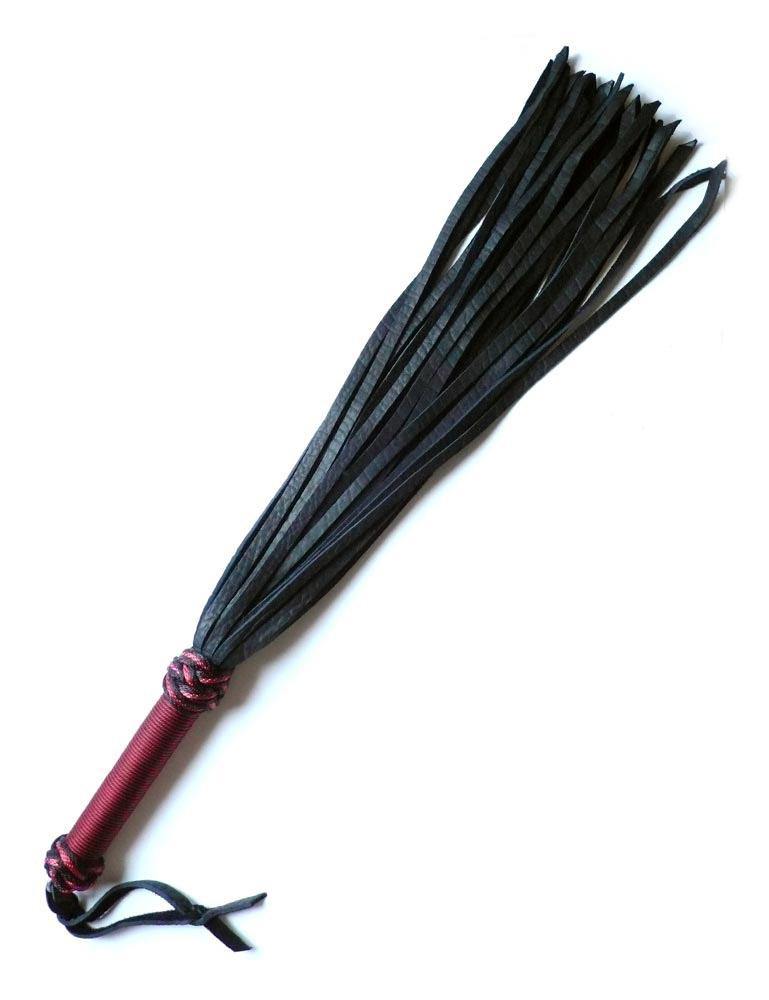 The red/black 30-inch Elk Hide Flogger is displayed against a blank background. The flogger has black leather falls, and the handle is wrapped in red and black nylon with knots at the top and bottom and a black leather wrist loop at the base of the handle.