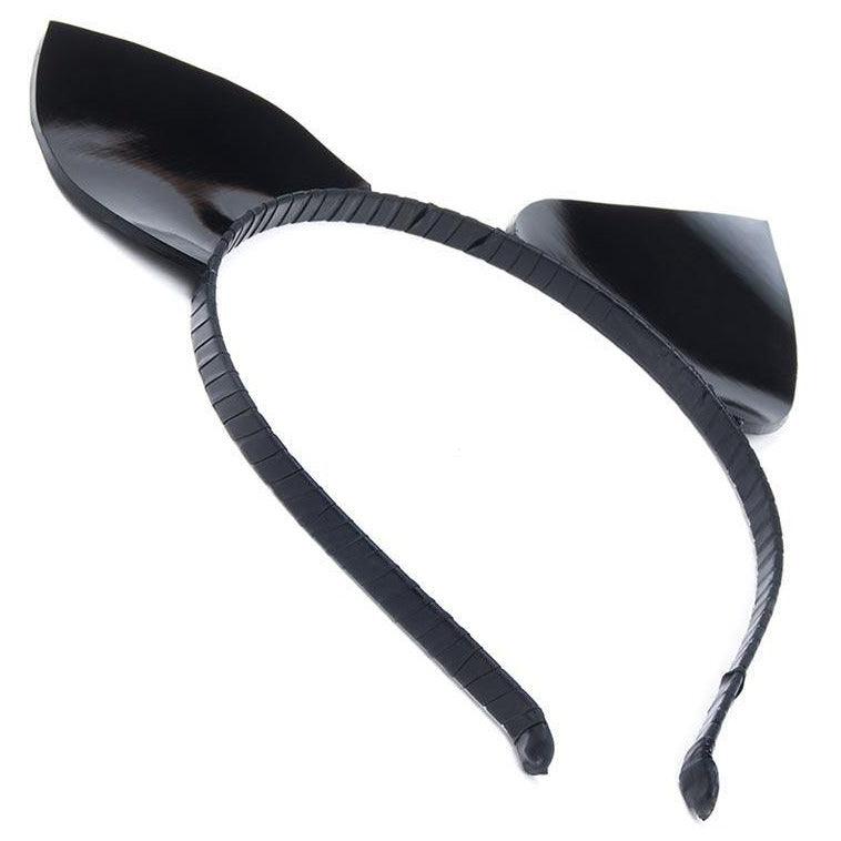 A black Kitten Headband by Syren Latex is displayed against a grey backdrop. It is a thin black headband with kitten ears attached, made of black latex.