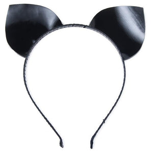 A black Kitten Headband by Syren Latex is displayed against a grey backdrop. It is a thin black headband with kitten ears attached, made of black latex.