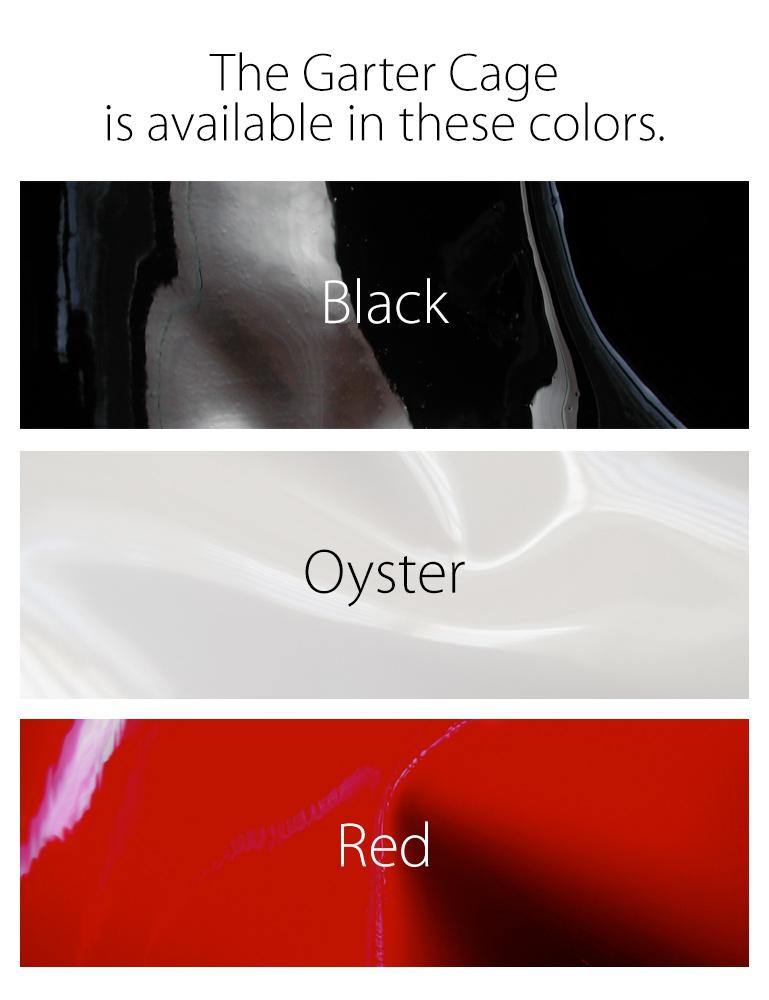 A chart showing the available standard colors for the Cage Garter by Syren Latex.