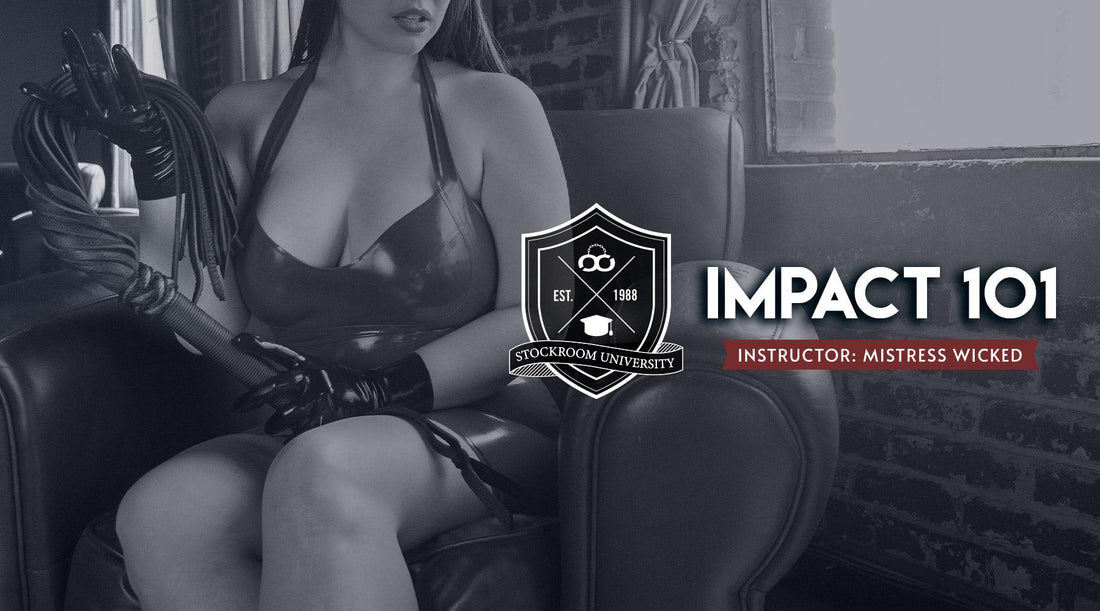 A low-contrast, black-and-white photograph, shows a busty nonbinary femme seated in a chair wearing a latex top that shows their cleavage. They hold a flogger in one hand, cradling the falls with the other. TEXT: Impact 101 Instructor: Mistress Wicked.