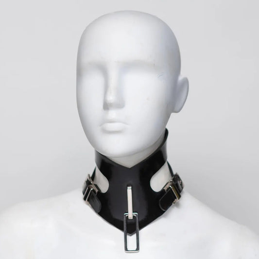 Black rubber choker on a mannequin head against a white background