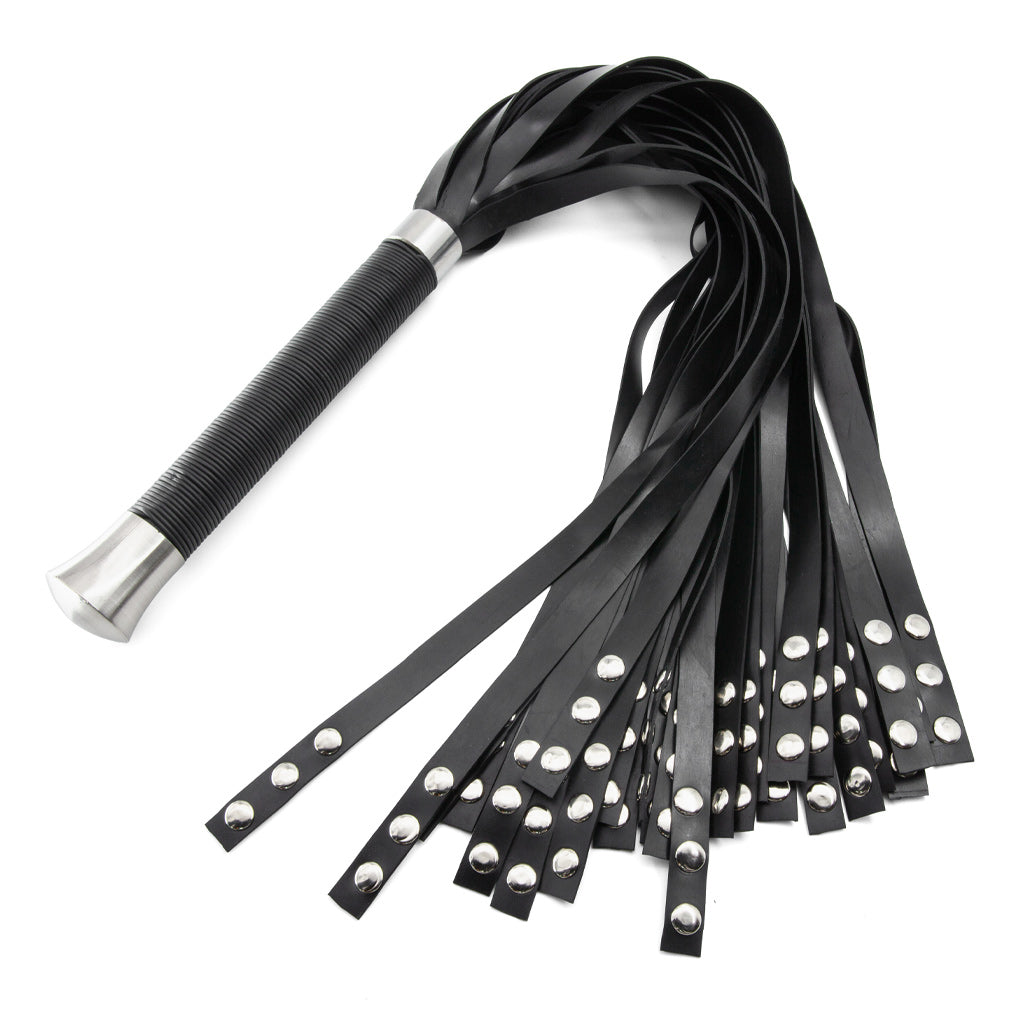 Black rubber flogger with metal handle on a white background
