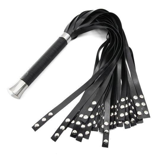 Black rubber flogger with metal handle on a white background