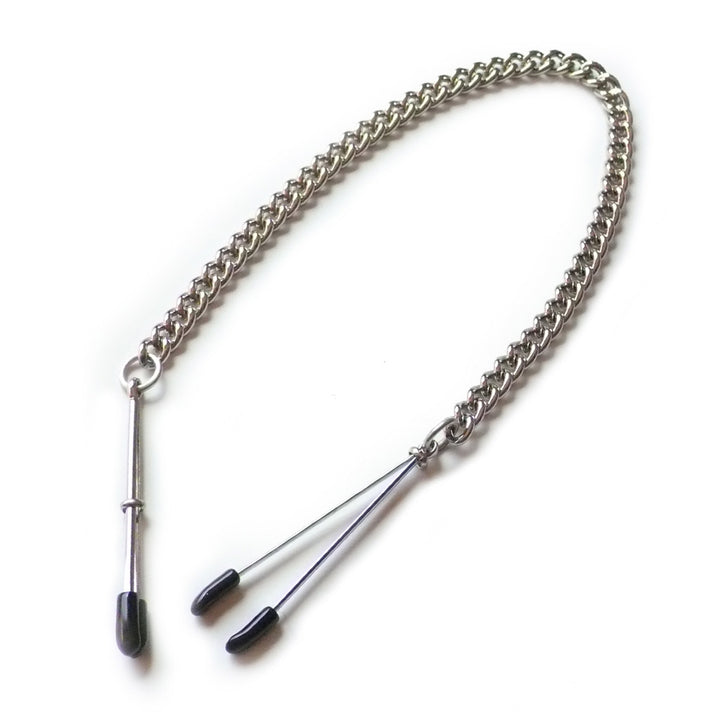 The Adjustable Tweezer Clamps With Jewelry Chain are shown against a blank background. The clamps resemble tweezers and have black rubber tips and sliding rings. The clamps are connected to each other with a metal jewelry chain.