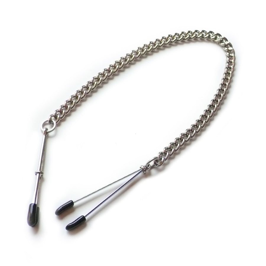 The silver Adjustable Tweezer Clamps With a Linked Chain are displayed against a blank background. The clamps resemble tweezers with black rubber tips and a sliding ring to adjust the tension. A silver linked chain connects the clamps.