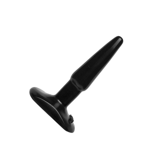 The Black Anal Plug, size Small by Doc Johnson is shown against a blank background. It is a black rubber butt plug.