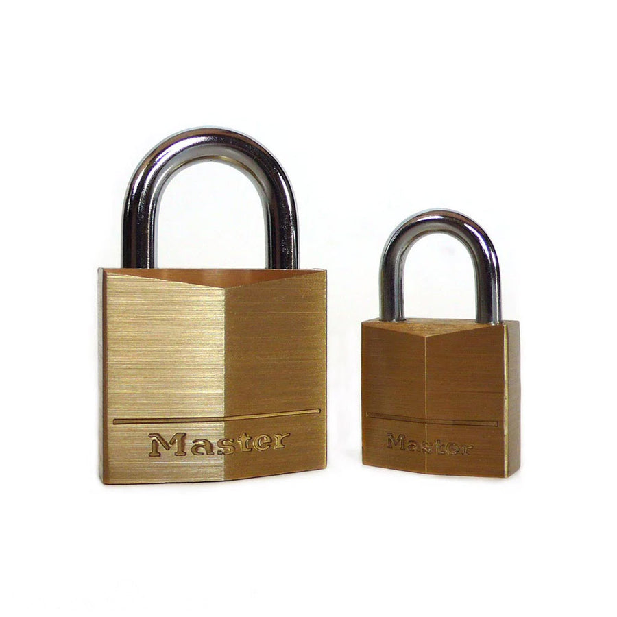 Two Master Lock Brand Keyed Brass Padlock are displayed against a blank background, one small and one large.