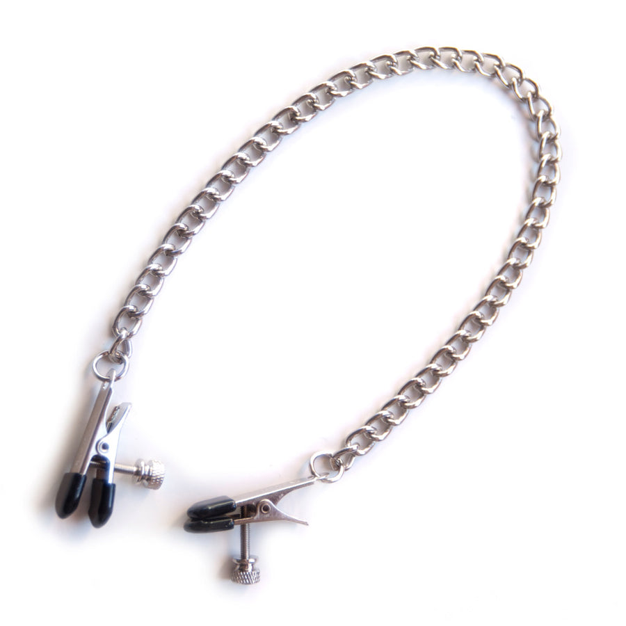 The Adjustable Alligator Nipple Clips are shown against a blank background. The clamps are silver with black vinyl tips, and each has a thumbscrew at the bottom, allowing the pressure to be adjusted. The clamps are attached by a silver chain.