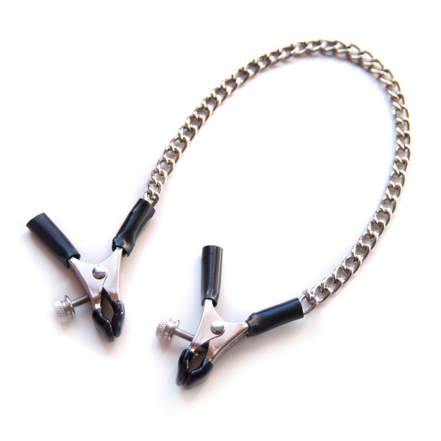 The Adjustable Big Nipple Clamps are displayed against a blank background. They are silver, rubber-tipped clamps with an adjustable screw, connected by a chain.