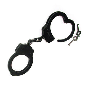 The black Double Lock Handcuffs are displayed against a blank background along with their keys. They resemble basic police cuffs with a short connecting chain.