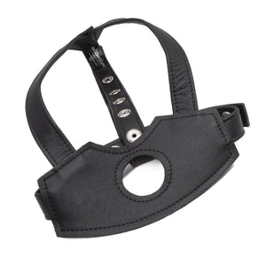 The black leather Head-On BDSM Gag Harness is displayed against a blank background.