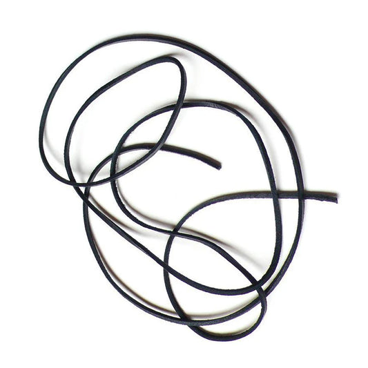 The 6 foot Rawhide lace is displayed against a blank background. It is a thin strip of black rawhide. 