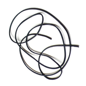 The 6 foot Rawhide lace is displayed against a blank background. It is a thin strip of black rawhide. 