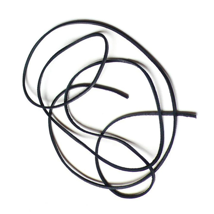 The 6 foot Rawhide lace is displayed against a blank background. It is a thin strip of black rawhide. 