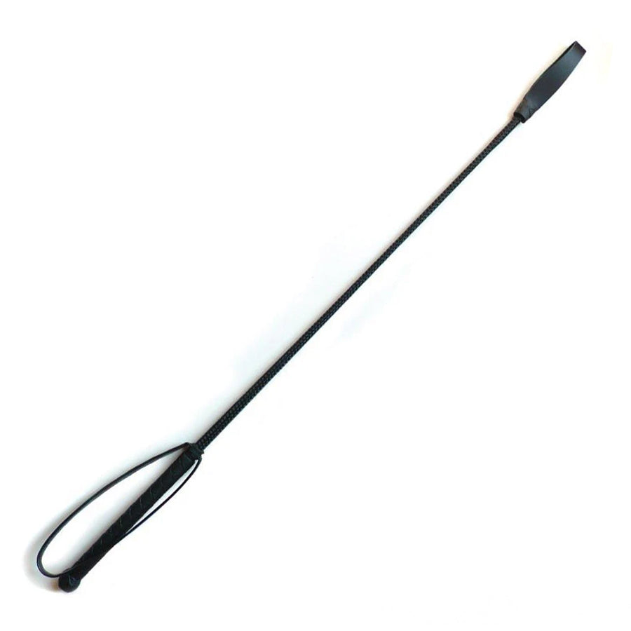 The black Loop-End Riding Crop is displayed against a blank background. The crop has a handle with a wrist loop and a small looped piece of leather at the end.