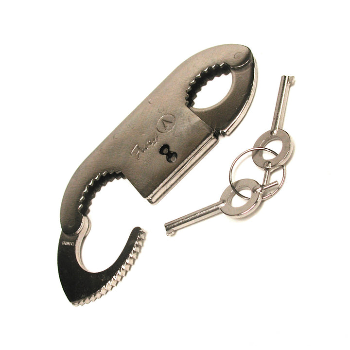 The Single-Lock Professional Thumbcuffs is displayed with its keys against a blank background. The thumb cuffs are a silver metal bar with two circular cut-outs on either end which open on the bottom like handcuffs.