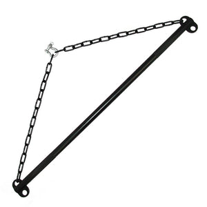 The black Steel Suspension Bar is shown against a blank background. It is a black rod with eyebolts at the top and bottom of each end. Black chains are connected to the top eyebolts and are connected to each other with a metal horseshoe bolt.