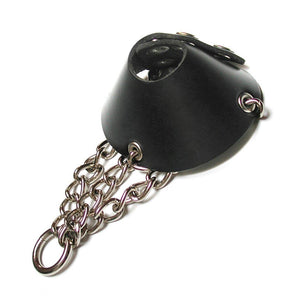 The parachute ball stretcher is displayed against a blank background. It is made of a piece of black leather that is shaped like a cone when it is snapped together. Three metal chains connected by an O-ring dangle from the bottom of the parachute.