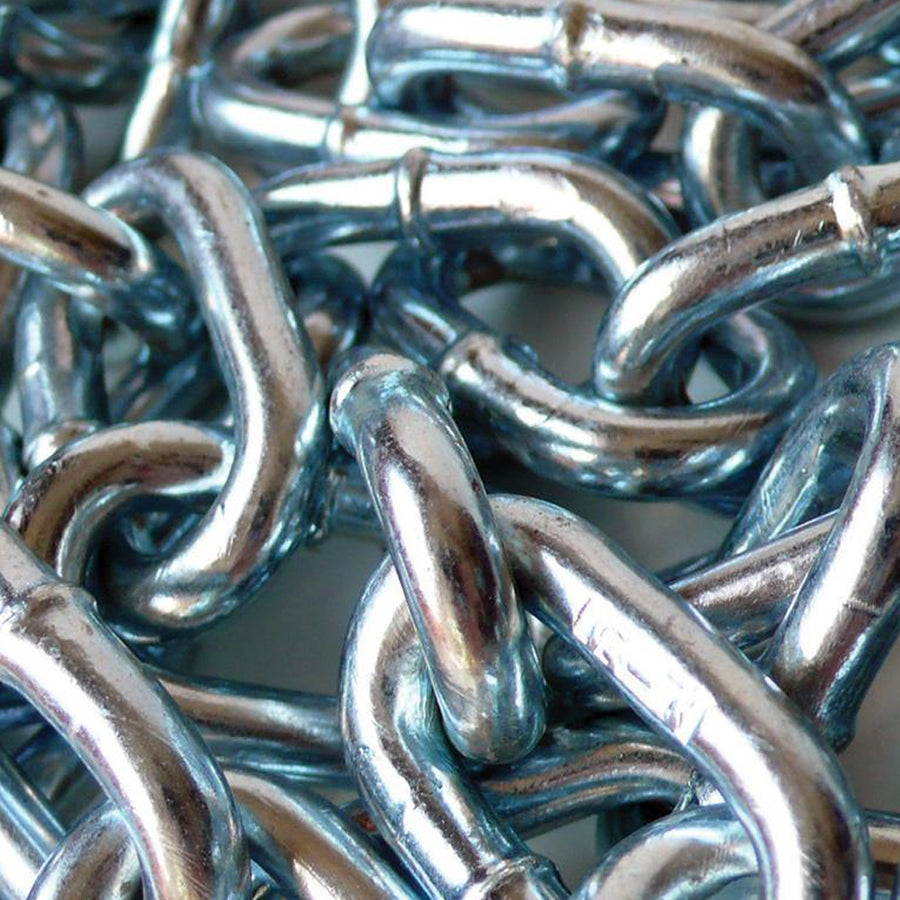 A close-up of a pile of Zinc-Plated Steel Chains is shown. The chains are silver. 