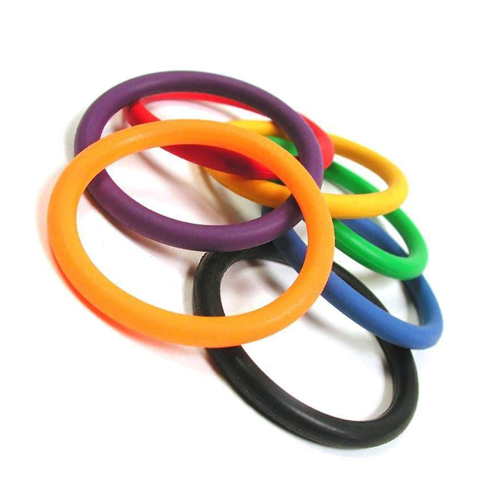 The set of colored silicone cock rings are shown on a white background.