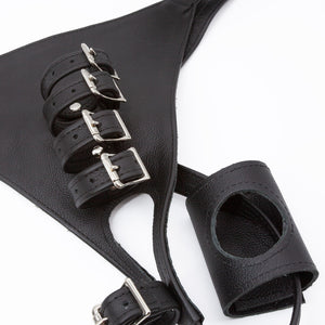 The Leather Male Chastity Harness is displayed against a blank background.
