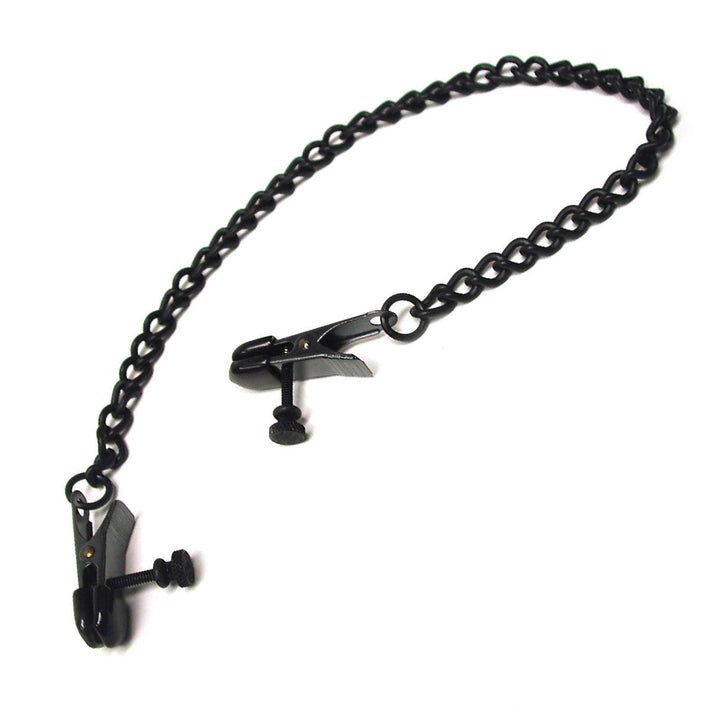 The black Clothespin-Style Adjustable Nipple Clamps are displayed against a blank background. The clamps resemble small rubber-tipped clothespins with a screw controlling the tension. The clamps are connected with a chain.