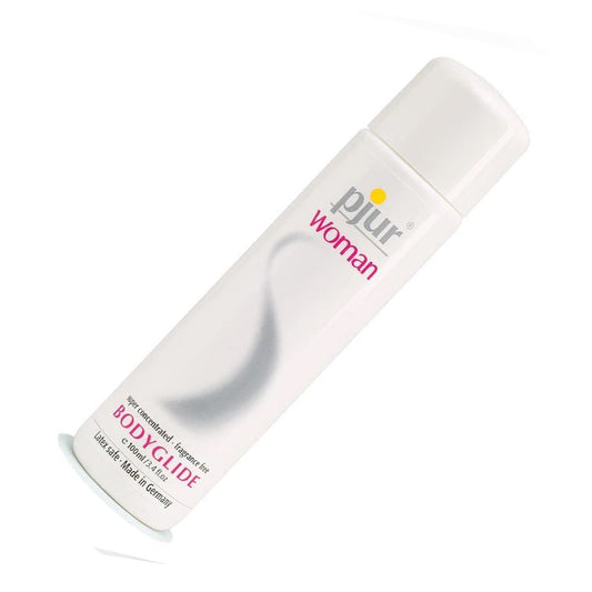 A bottle of the Pjur Woman Bodyglide is shown against a white background. 