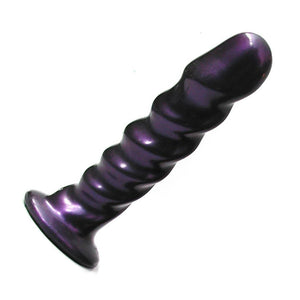 The Tantus Echo Vibrating Dildo is displayed against a blank background. The dildo is made of dark, shimmering purple silicone. It has ridges swirling down the length of the dildo, resembling the texture of the head of a penis.