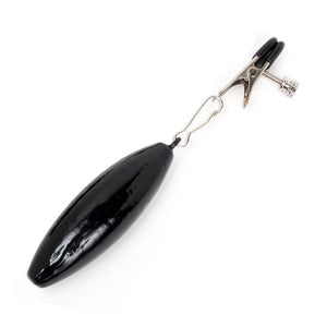 An Adjustable Nipple Clamp With A Weight is displayed against a blank background. The silver clamp has black rubber tips and a screw to adjust the tension. A black tear-drop-shaped weight is clipped to the bottom of the clamp. 