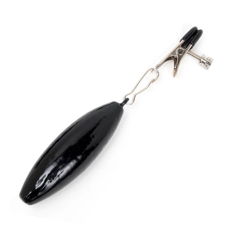 An Adjustable Nipple Clamp With A Weight is displayed against a blank background. The silver clamp has black rubber tips and a screw to adjust the tension. A black tear-drop-shaped weight is clipped to the bottom of the clamp. 