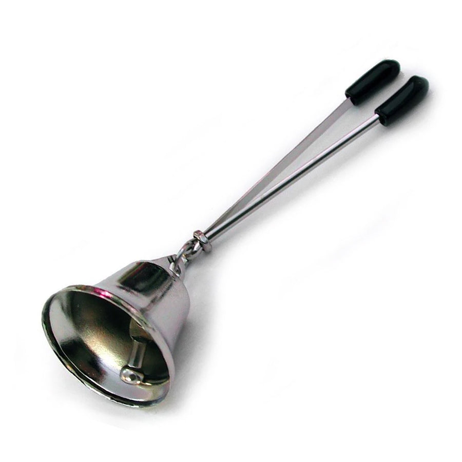 A single Nipple Clamp with a Bell is displayed against a blank background. It is a silver tweezer-style clamp with black rubber tips with a small silver bell at the bottom.