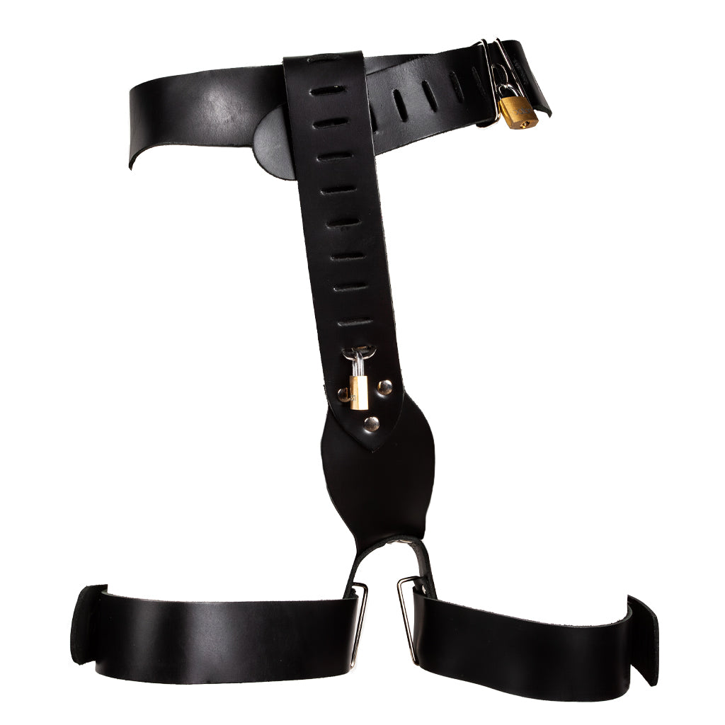 The locking women's chastity belt with thigh straps is shown on a white background. 