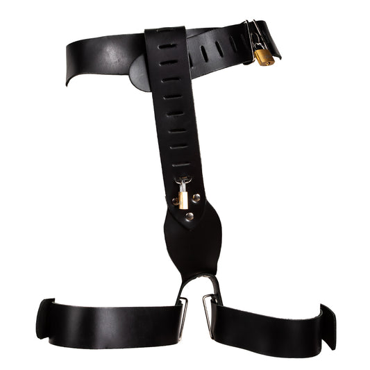 The locking women's chastity belt with thigh straps is shown on a white background. 