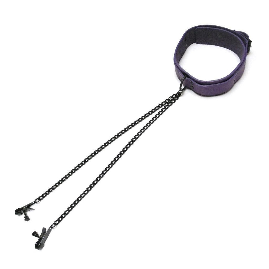 The purple leather Buckling Collar With Nipple Clamps is displayed against a blank background. It has black metal nipple clamps with black chains.