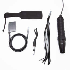 An image of the Deluxe Obsidian Neon Wand Intensity Bundle from the Stockroom. An electrosex kit that includes the Neon Wand in Black, Electro Whip, Flex Capacitor, Power Tripper, and Thunderclap Paddle attachments. 