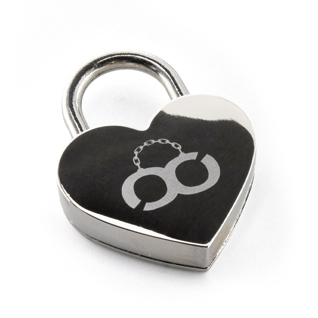 The Large Heart Padlock with laser etched  stockroom cuff logo is displayed against a blank background.
