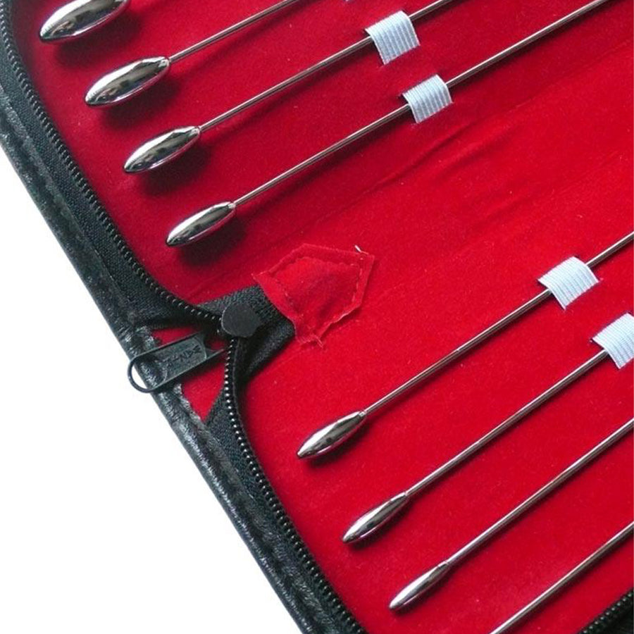 The tips of the 8 Piece Rosebud Urethral Sounds Kit are shown against the blank background. The sounds are straight, and the tips are oval-shaped and bulbous.