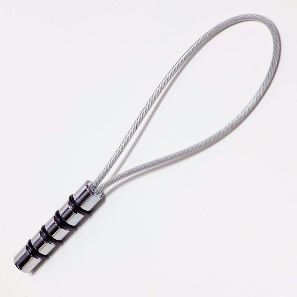 Metal Rug Beater with a braided rope on a white background