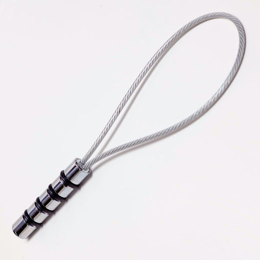 Metal Rug Beater with a braided rope on a white background