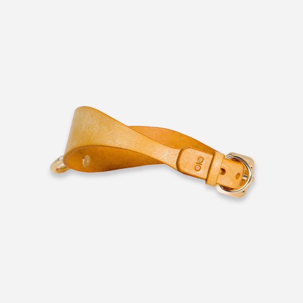 The Luxury Leather Day Collar by Neon Coyotes in a bright yellow is visible from the side, shown on a white background. 