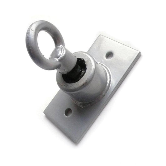 The silver steel Tire Swivel for suspension bondage is displayed against a blank background. It is a metal ring secured in a metal plate.