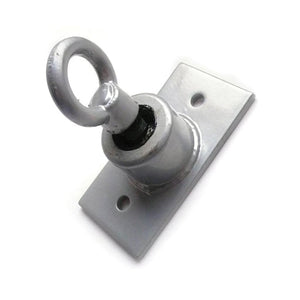 The silver steel Tire Swivel for suspension bondage is displayed against a blank background. It is a metal ring secured in a metal plate.