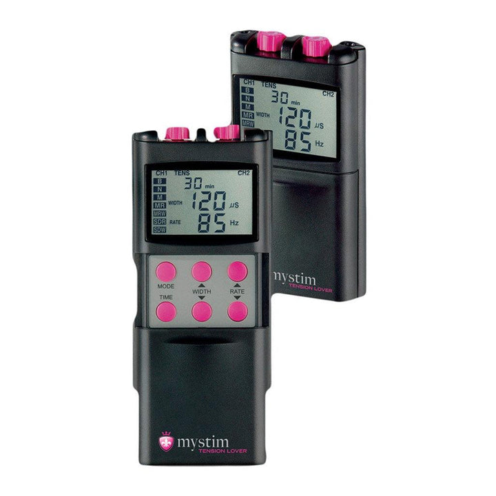 Two Mystim Tension Lover controllers are displayed against a blank background. They are black plastic rectangles with two pink knobs on top and a digital display. One remote has the control panel on the front slid open, revealing the pink buttons.