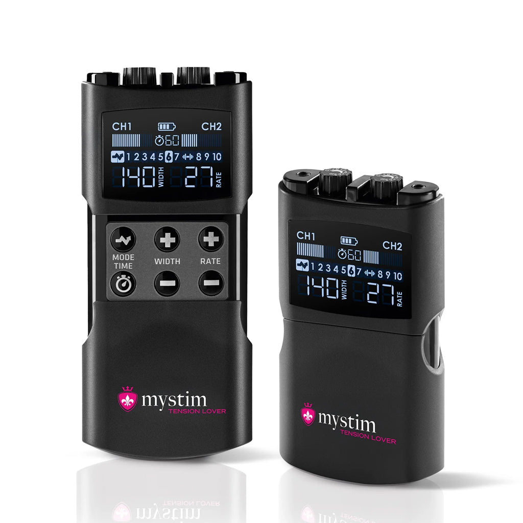 Two Mystim Tension Lover controllers are displayed against a blank background. They are black plastic rectangles with two pink knobs on top and a digital display. One remote has the control panel on the front slid open, revealing the pink buttons.