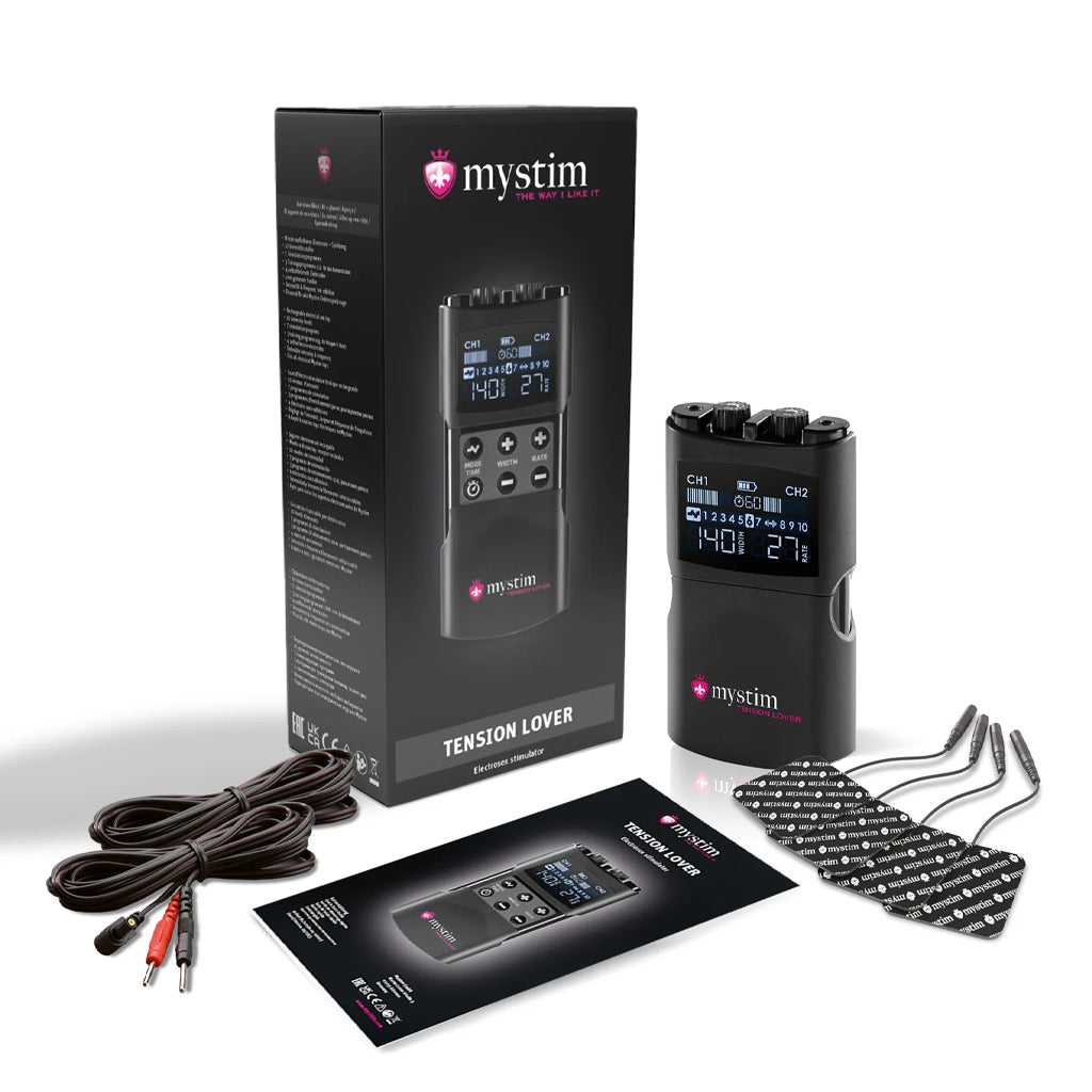 The mystim tension lover is shown on a white background with its box and all of its components laid out.